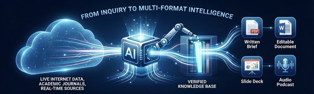 From inquiry to multi-format intelligence: live sources feed an AI research core and a verified knowledge base, producing a written brief, editable document, slide deck, and audio podcast.